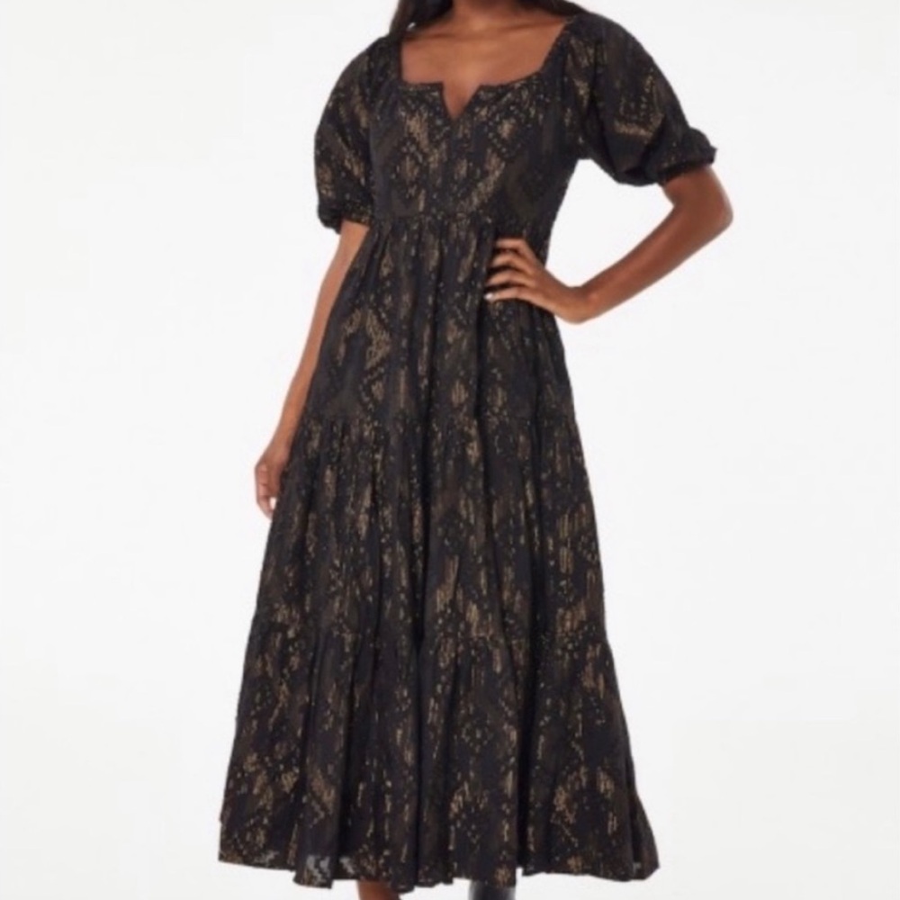 Roberta‎ Roller Rabbit Zara Cotton Lurex Puff Sleeve Tiered Maxi Dress Black S